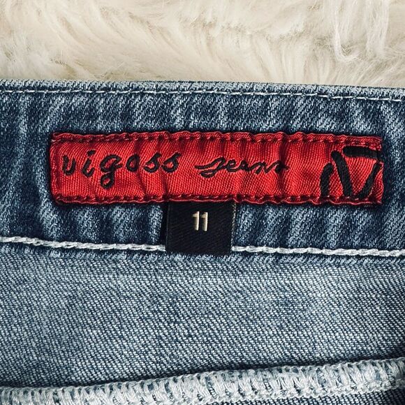 Vigoss Denim Mini Skirt 11 (32x13.5) Blue Distress Embroidered Stretch Juniors - Picture 4 of 7